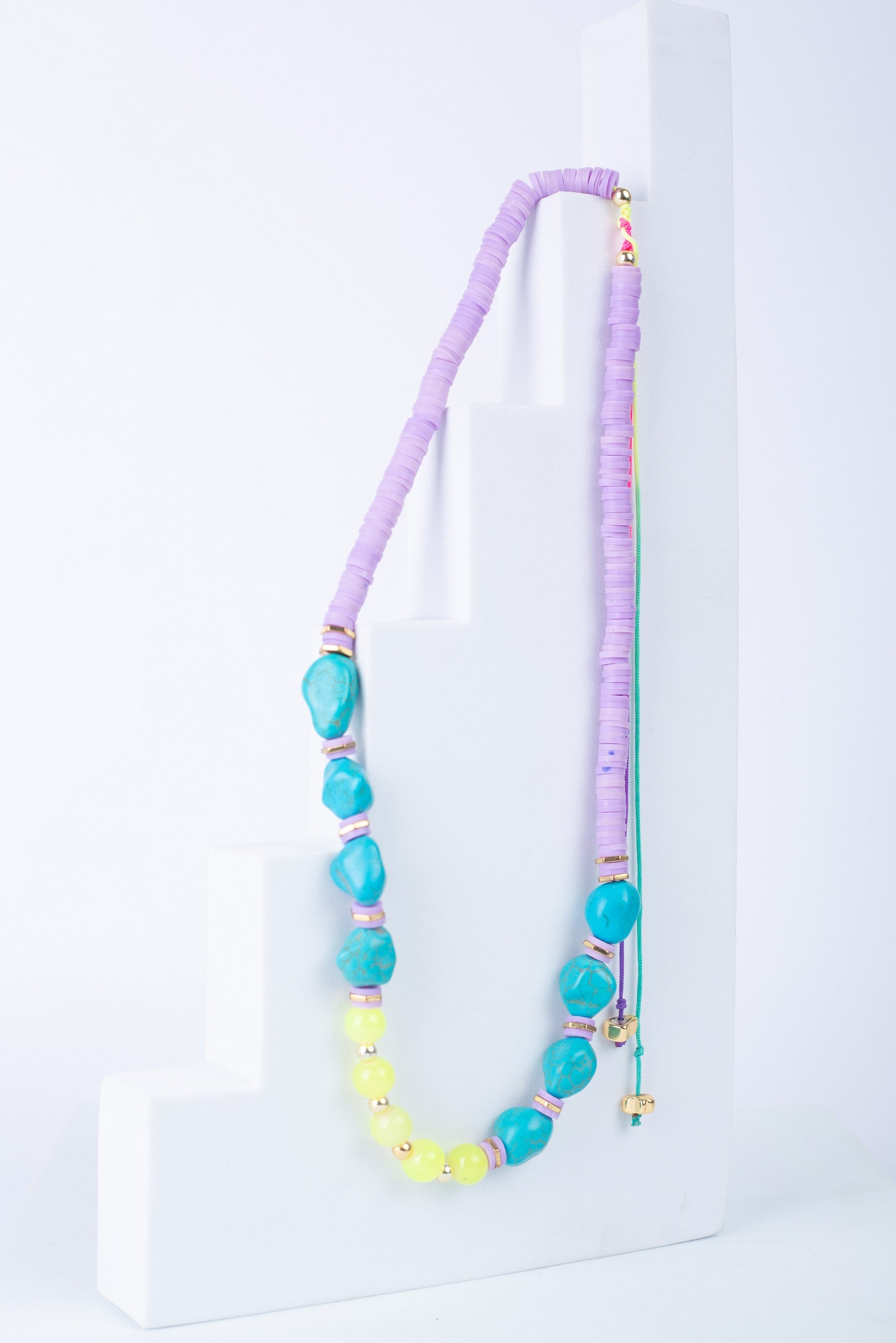 Glimmer Necklace in 
 lavander+turquoise+ neon yellow