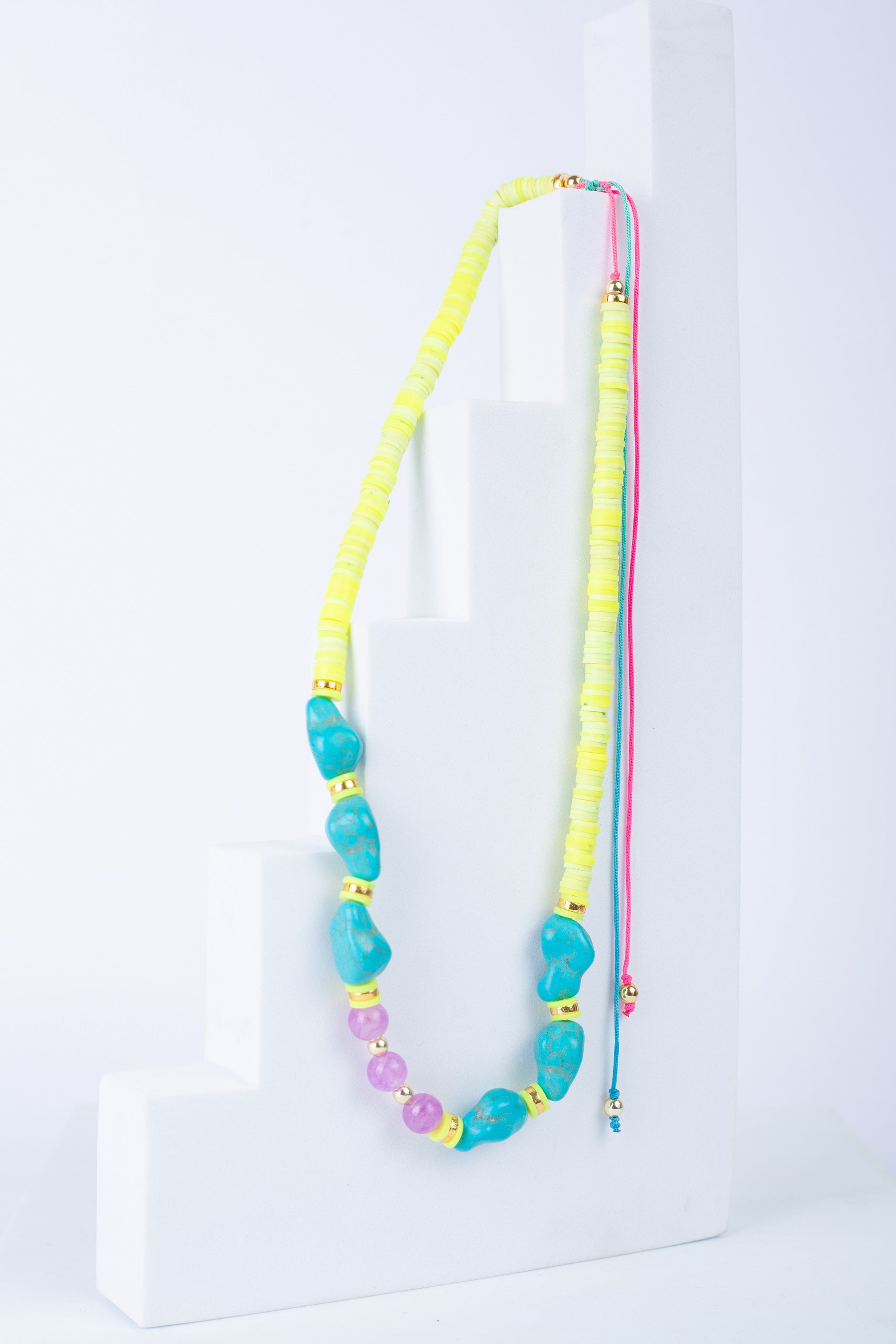 Glimmer Necklace in 
neon yellow +turquoise + lavander